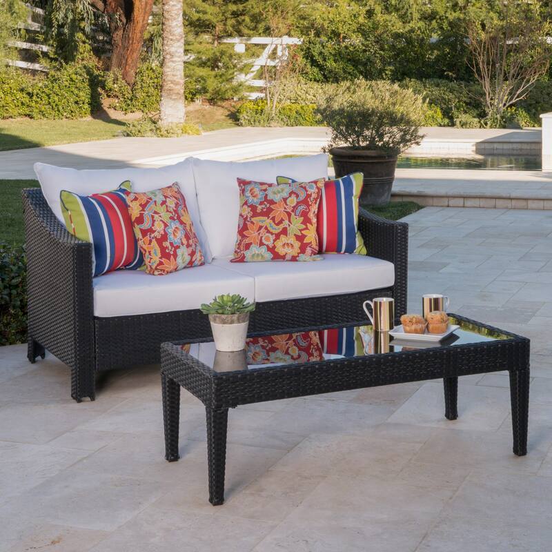Antibes Outdoor Wicker Loveseat and Coffee Table with Cushions by Christopher Knight Home