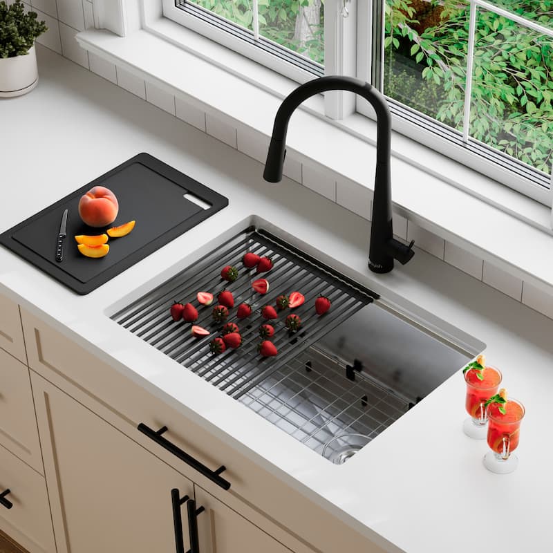 Undermount 25 inch Stainless Steel Single Bowl Workstation Kitchen Sink with Black Accessories Handmade