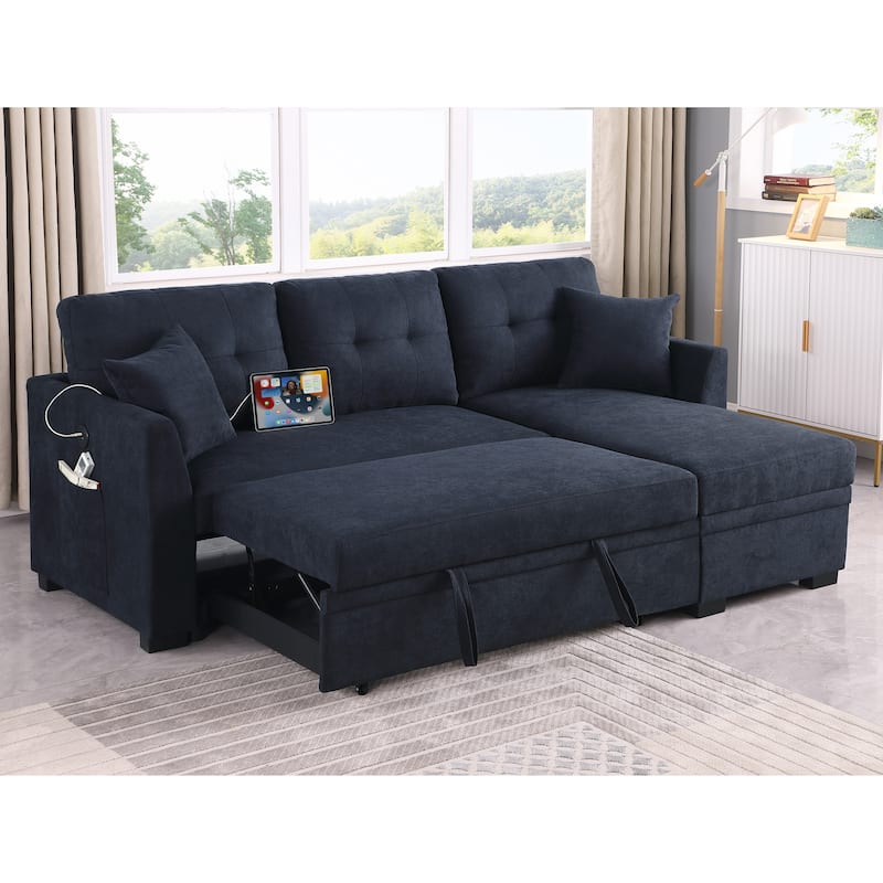 Tanse 81'5" Convertible Sleeper Sectional with Riversible Chaise with USB and Side Pockets