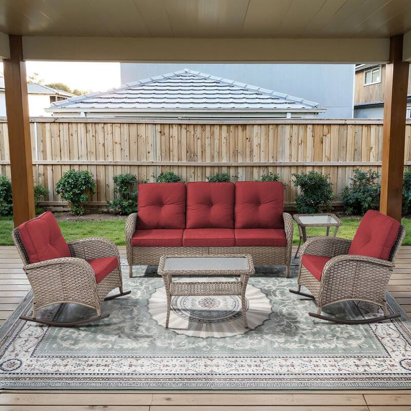 Gymojoy Outdoor Wicker Patio Furniture Sofa Chair Set Weather-Resistant - Grey Wicker / Red Cusion - 5-Piece - Sofa & Rocking Chairs