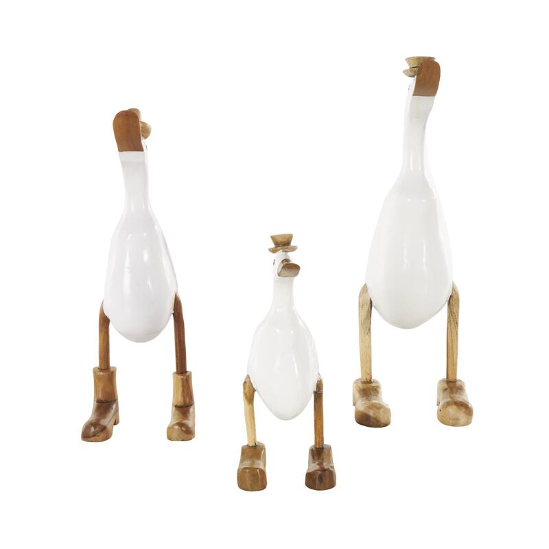 Bamboo Wood Duck Decorative Sculpture with Brown Top Hats and Shoes - Set of 3 White - Roche River Decor