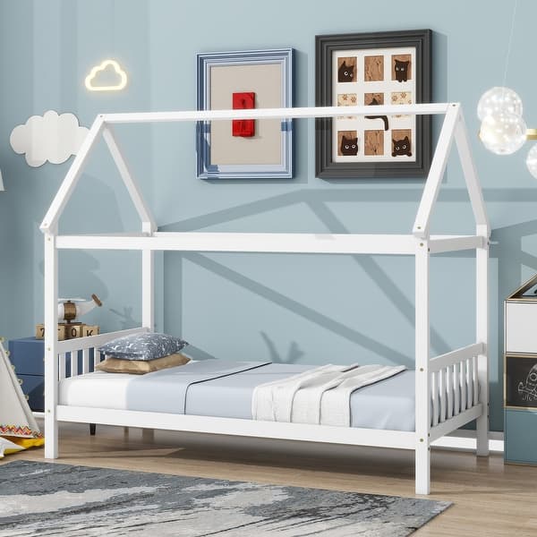 slide 2 of 35, Twin House Bed with Headboard and Footboard, Twin Rubber Wood Bed with House Frame, White White
