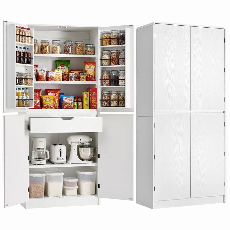 Farmhouse 72" Tall Kitchen Pantry Cabinet, Freestanding Curved Design with Adjustable Shelves and Hidden Drawer