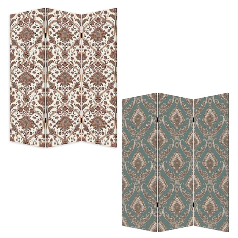 72 Inch 3 Panel Canvas Screen Room Divider, Dual Sided Baroque, White Brown