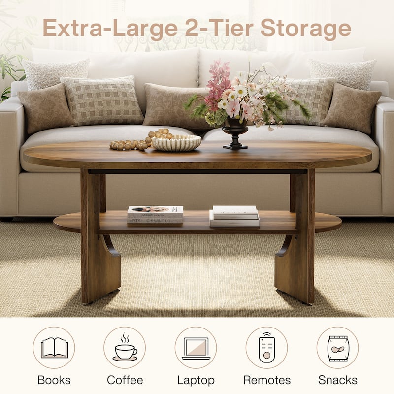 47.24" Oval Coffee Table, Farmhouse 2 Tiers Wooden Center Table