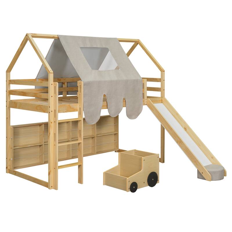 Full Size Loft Bed with Slide, Tent, and Storage Shelves - House Frame Kids Bed with Ladder and Car-Shaped Organizer