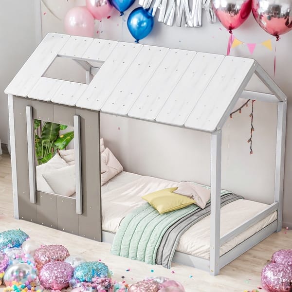 slide 2 of 9, Kids and Baby Twin Size House Platform With Roof And Window,Can Be Decorated