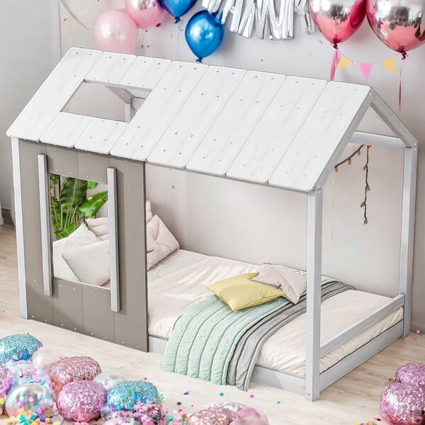 slide 2 of 9, Twin Size House Platform With Roof And Window,Can Be Decorated White+Antique Grey