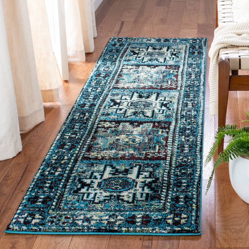SAFAVIEH Vintage Hamadan Gody Oriental Distressed Rug - 2'3" x 16' Runner - Light Blue/Black