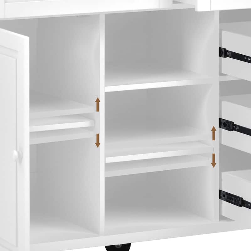 Kitchen Island with on Locking Wheels, Rolling Cart with Rubber Wood Desktop, Mobile Island with 3 Open Shelves & 5 Drawers