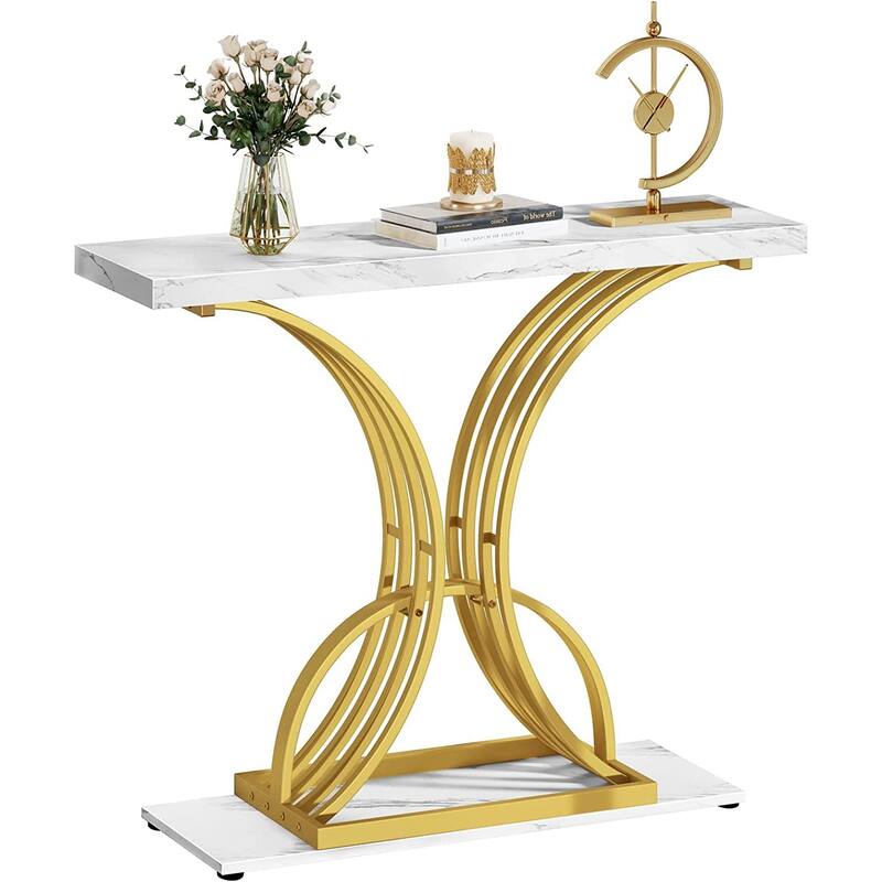 Modern Gold Console Sofa Table with Marbling Top for Entryway Hallway - White&Gold01