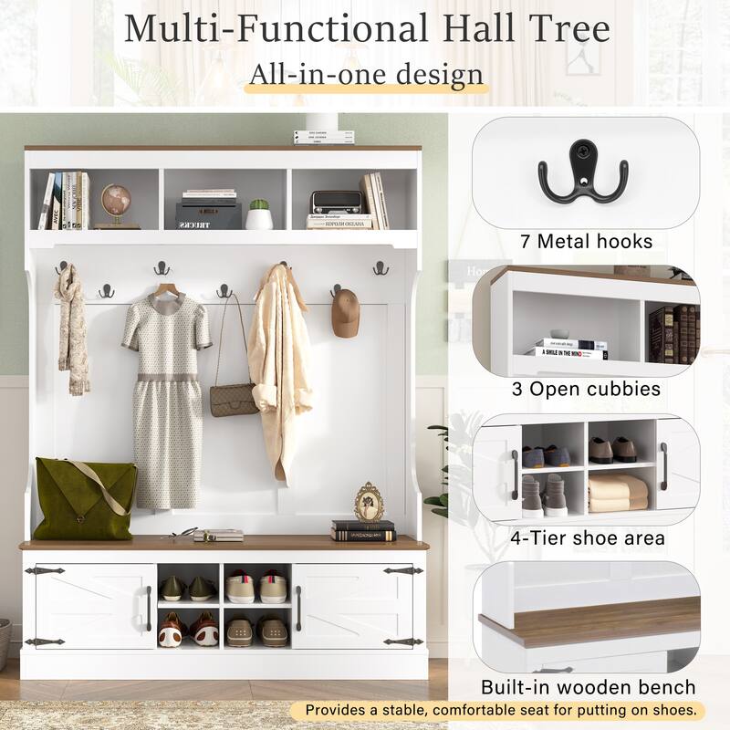 71 Inch Farmhouse Hall Tree with Bench and Shoe Storage 7 Hooks