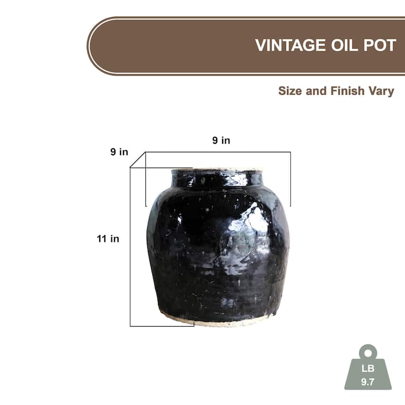 Artissance Large Vintage Oil Pot With Black Glaze, 11 Inch Tall (Size & Finish Vary)