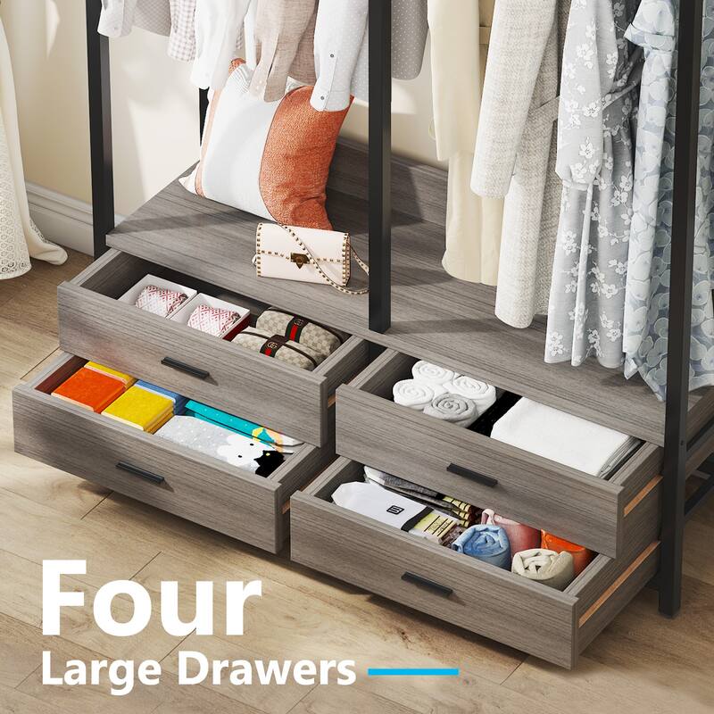 Freestanding Closet Organizer, Clothing Rack with 4 Drawers, 8 Hooks and Storage Shelves - Grey