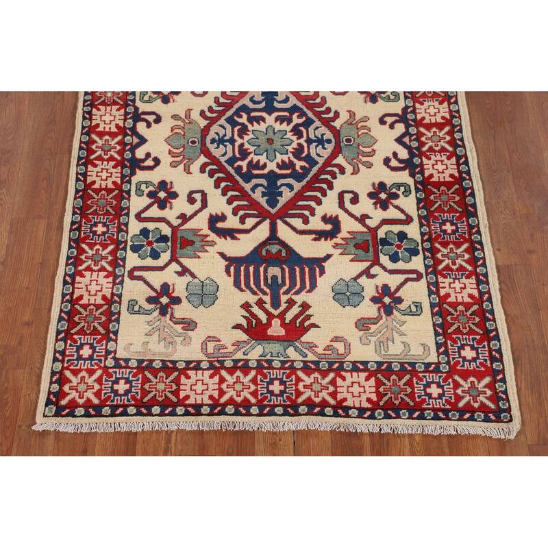 Geometric Kazak Accent Rug Hand-Knotted Foyer Wool Carpet - 3'5" x 4'10"