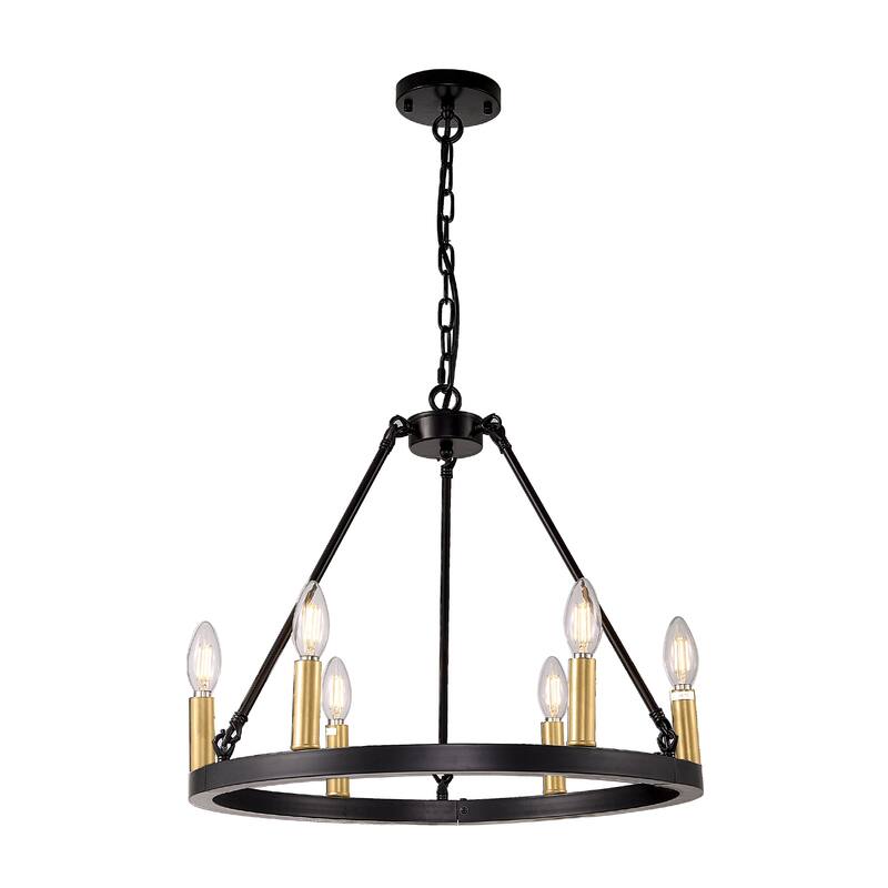 Black Farmhouse Chandelier, 6-Light Wagon Wheel Chandelier with Adjustable Height