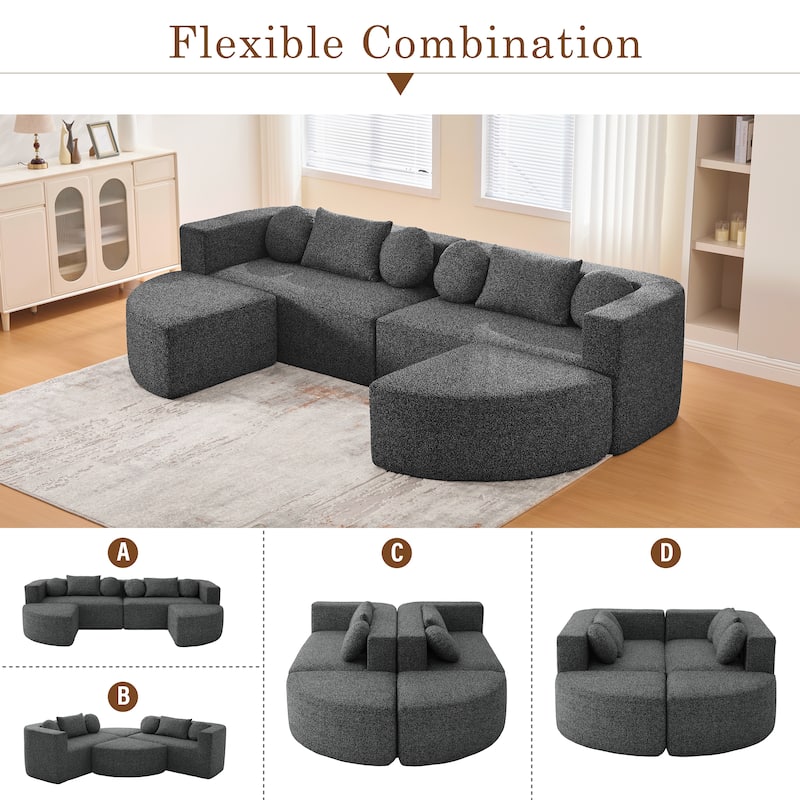 Curved Modular Sectional Boneless Upholstered Sofa Convertible Sleeper Sofa Bed, Free Combination, Boucle Deep Seating Sofa