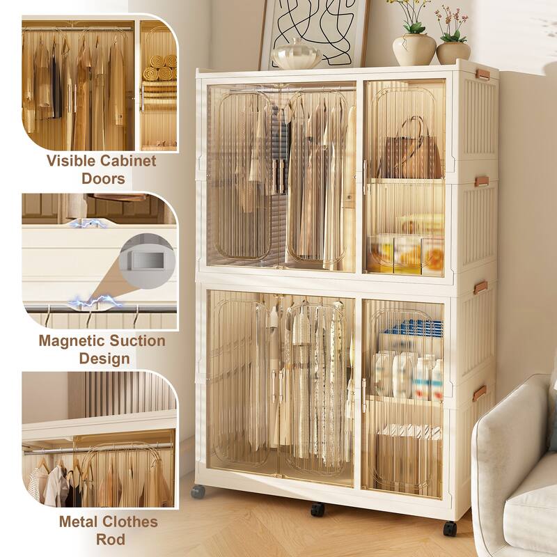 Portable Kids Wardrobe Closet with 6 Magnetic Doors, 6 Cubes, 2 Hanging Rods, 6 Hangers & Wheels, Plastic Clothes Organizer