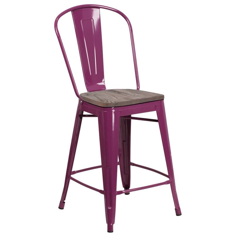 24" High Metal Counter Height Stool with Back and Wood Seat - 17.75"W x 22"D x 40.25"H - 17.75"W x 22"D x 40.25"H