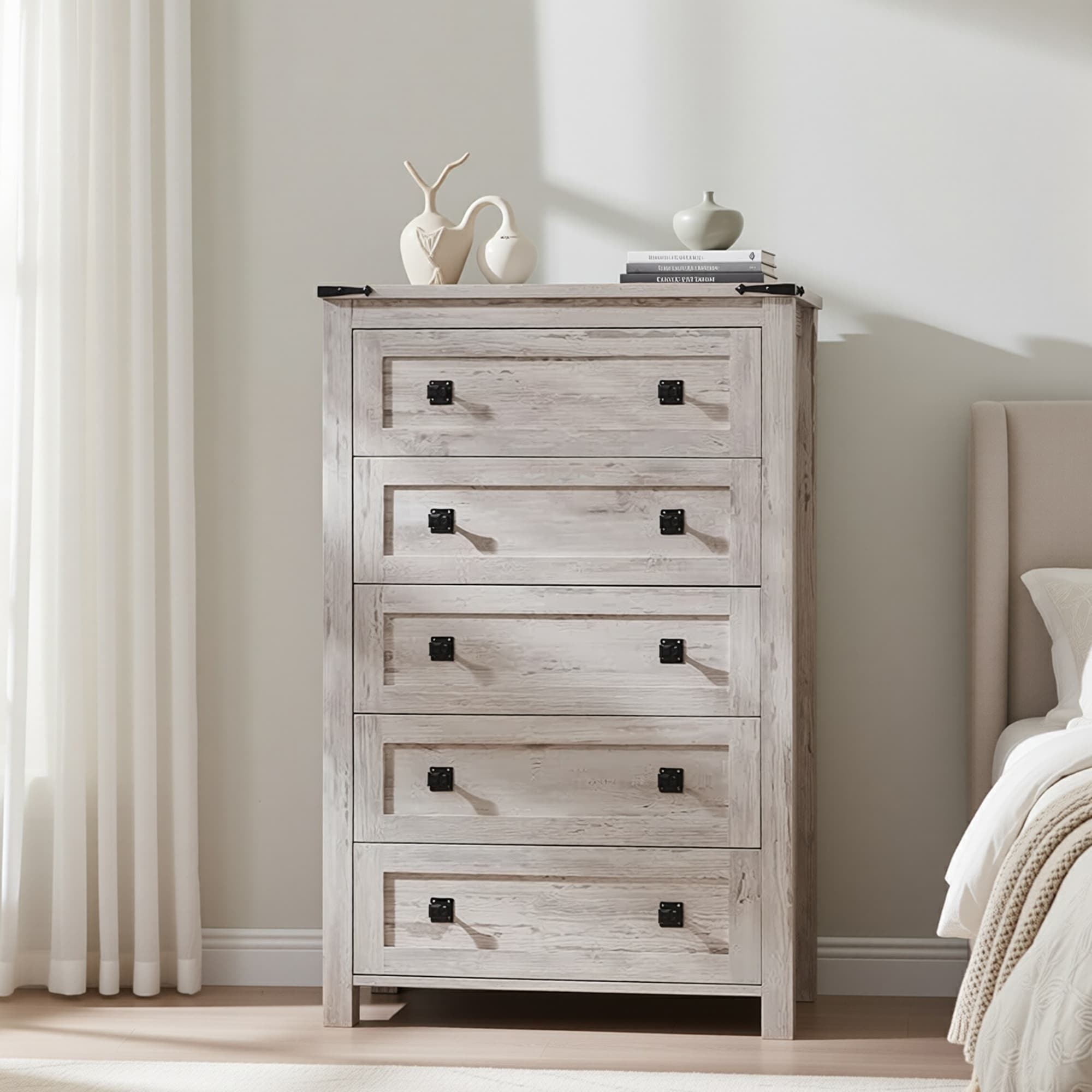 48" Tall Farmhouse 5 Drawer Wood Dresser, Chest of Drawers for Bedroom