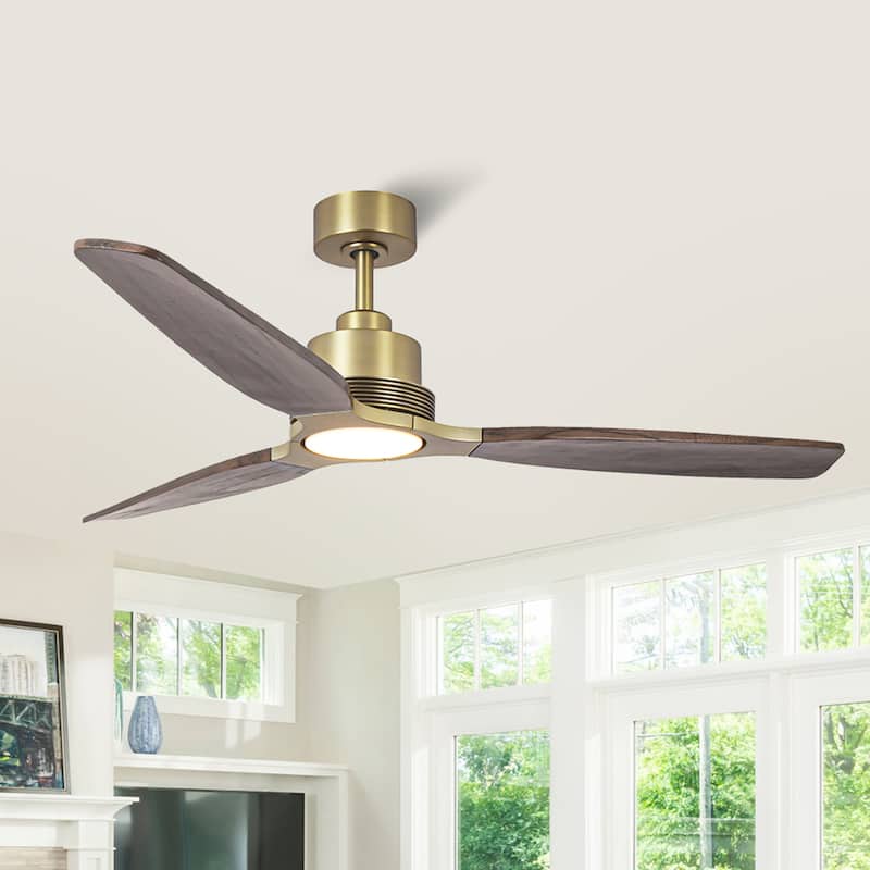 Parrot Uncle 56" Farmhouse Solid Wood Diammable LED Gold Ceiling Fan with Remote and Light