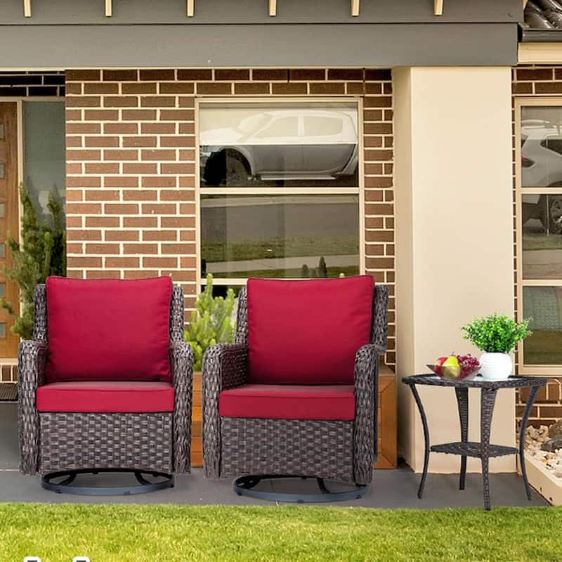 3 PCS Patio Rattan Swivel Rocking Chairs Set with Coffee Table for Backyard Garden Porch - Red