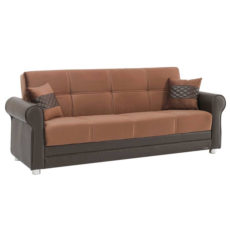 HomeRoots 89" Brown Polyester Convertible Futon Sleeper Sofa And Toss Pillows With Storage