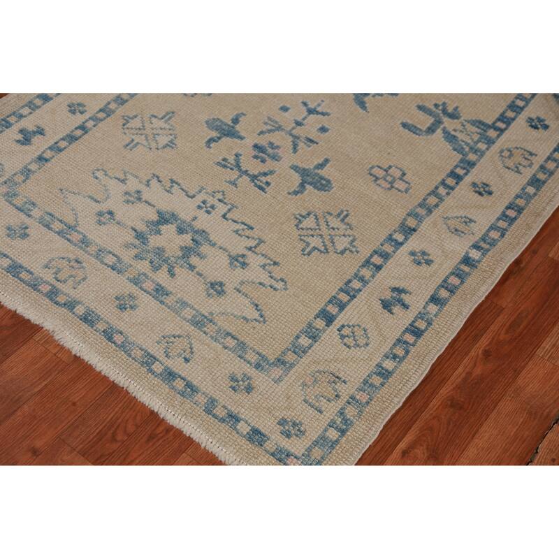 Hand Knotted Oriental 100% Wool Carpet Transitional Geometric Beige & Ivories Oushak Runner Rug - 14' 2'' X 3' 4''