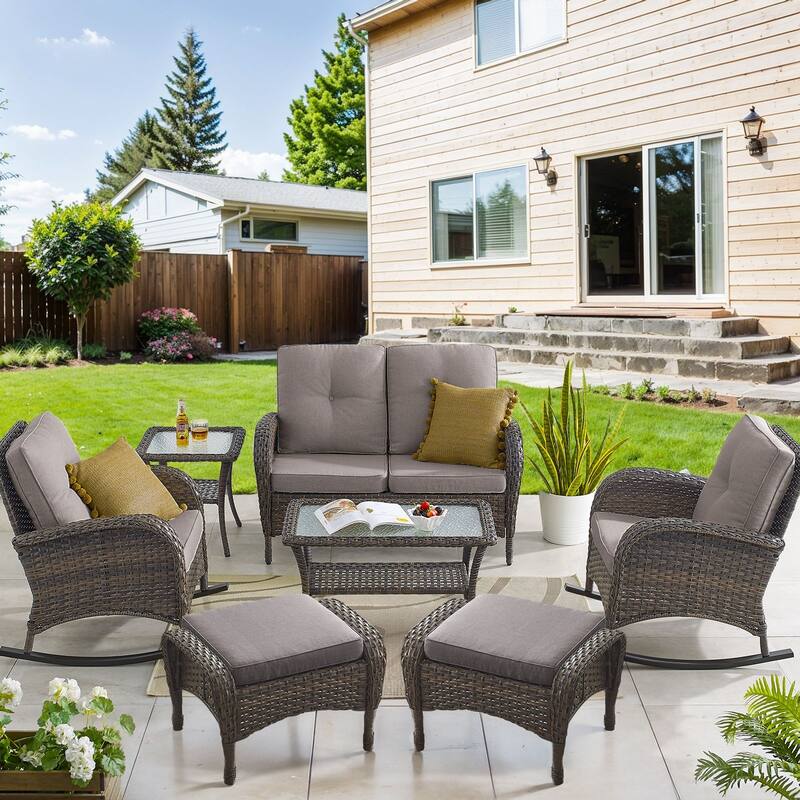 Outdoor Rocker Chair with Loveseat Ottomans - Grey - Brown - Brown - Grey