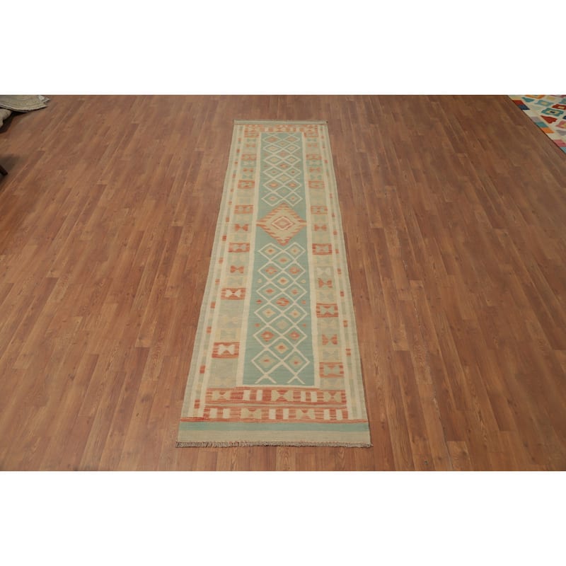 Hand Woven Oriental 100% Wool Carpet Southwestern Tribal Navy Blue & Blues Kilim Runner Rug - 10' 0'' X 2' 9''