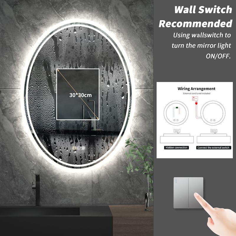 LED Backlit Bathroom Vanity Mirror Wall Mounted Anti-Fog Oval Touch ...