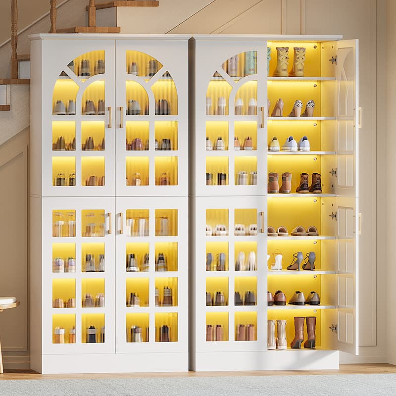 35 Pairs Tall Shoe Storage Cabinet with Doors, 8 Tiers Shoe Rack Organizer with LED Light and Adjustable Shelves for Entryway - 2-Piece