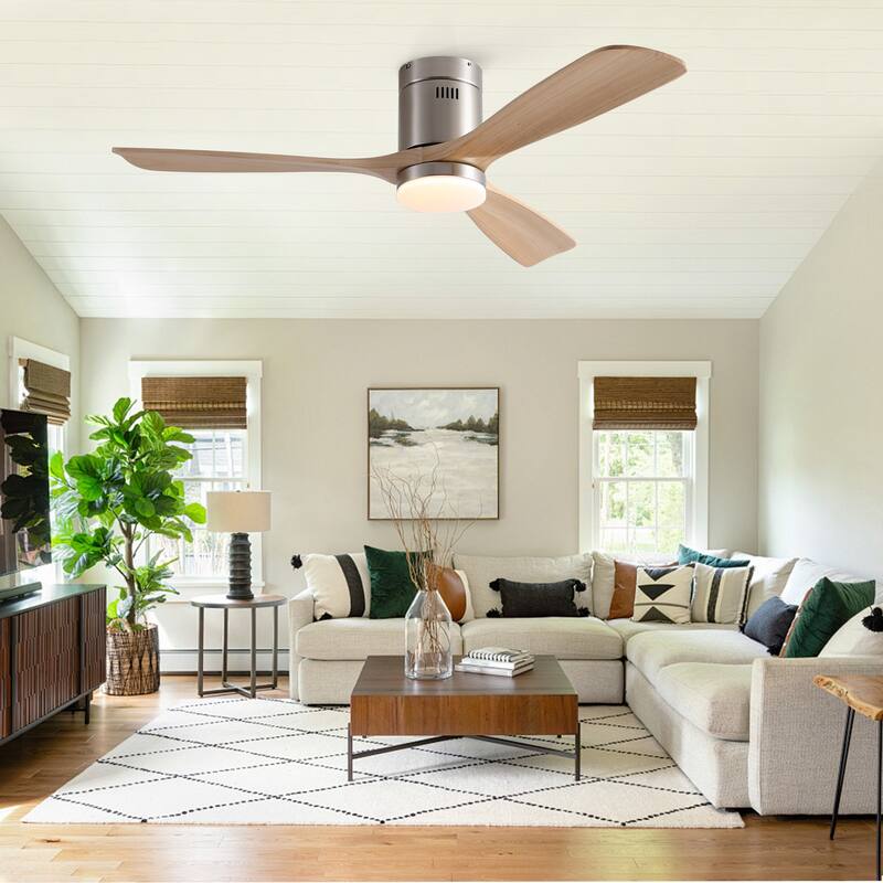 52In. Farmhouse Indoor Flush Mount Low Profile Ceiling Fan with Solid Wood Blades and Remote Control