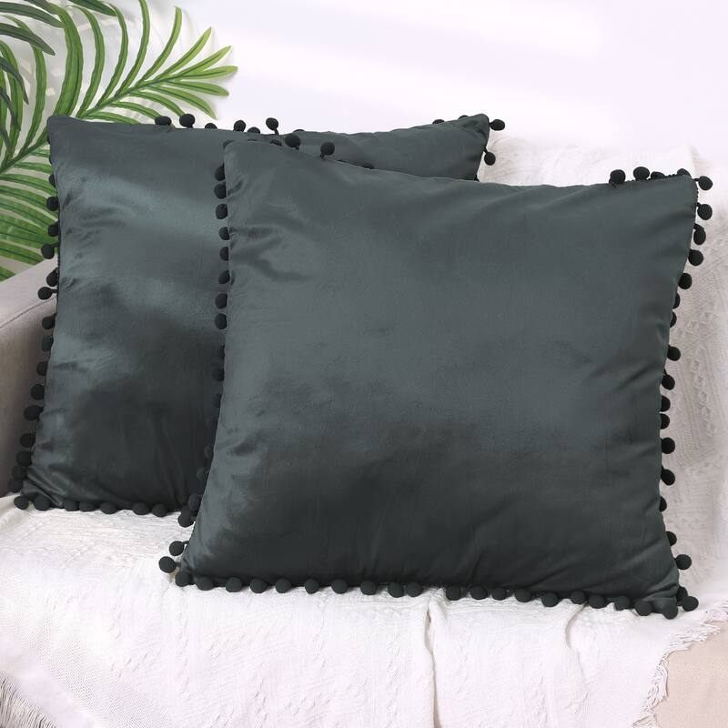 Pack of 2 Velvet Throw Pillow Covers with Pompoms Decorative Pillow Cases Fringe Cushion Covers Velvet Square Sham - Dark Gray - 20 x 20 Inch