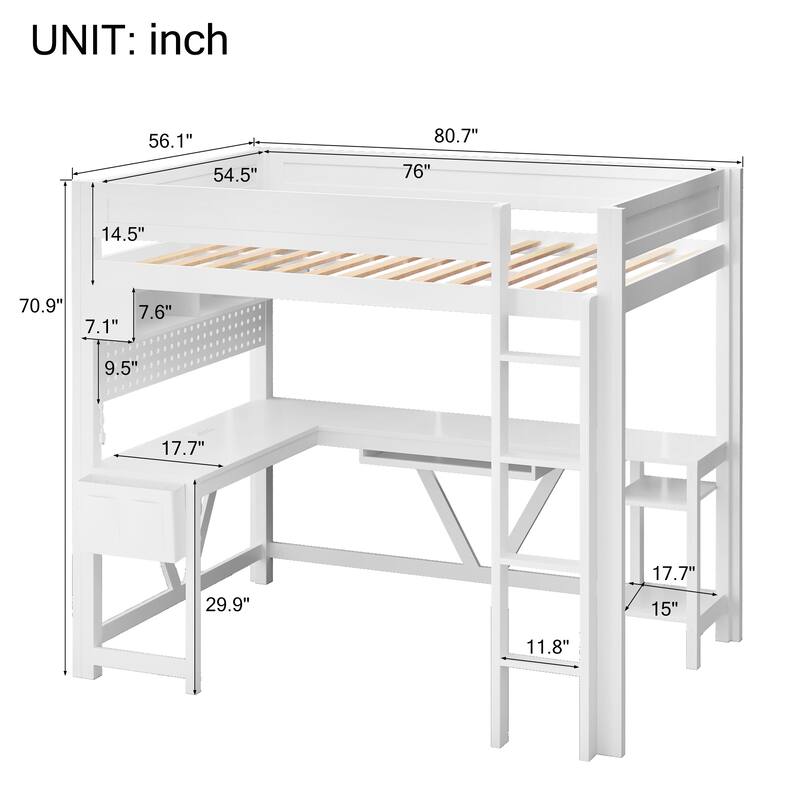 Wooden LED Gaming Loft Bed with Built In L Shaped Desk, Full Size High Loftbed Frame with Storage Shelves and Charging Station