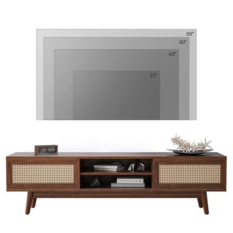 PE Rattan TV Stand with Open Storage & Cabinet, Mid Century Modern Entertainment Center with Cable Management, Walnut