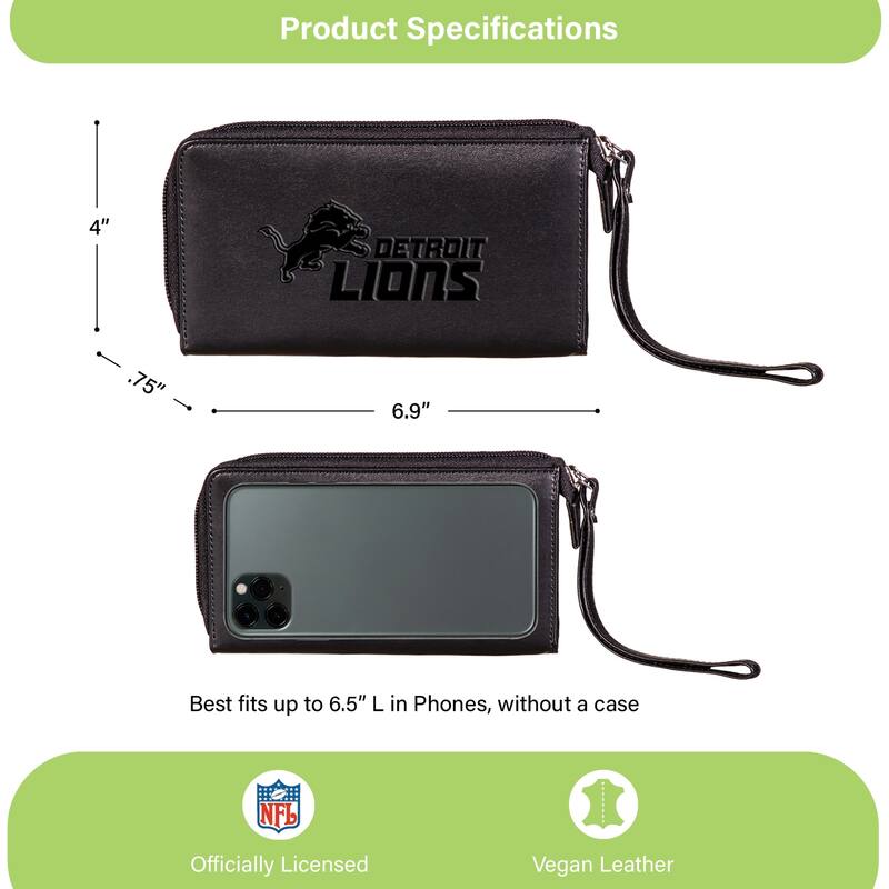 Black Hybrid Leather Cell Phone Wristlet Wallet, Detroit Lions - 4" x 7"