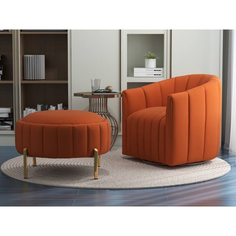SEYNAR Contemporary Tufted Velvet Swivel Club Chair with Ottoman Set - Orange