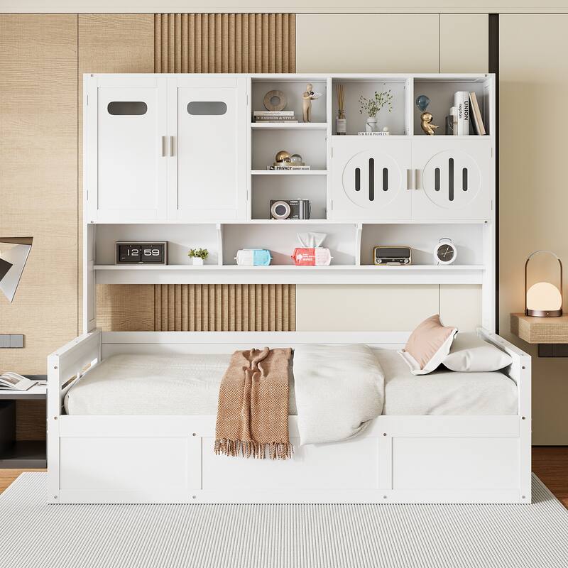 Wooden Daybed Storage Platform Bed with All-in-One Cabinet and Shelf, 10 Slats Multi-Functional Space-Optimizing Bed Frame
