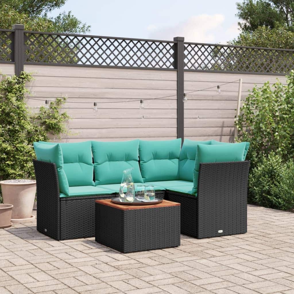 vidaXL 5 Piece Patio Sofa Set with Cushions Black Poly Rattan - 24.4 x 24.4 x 27.2