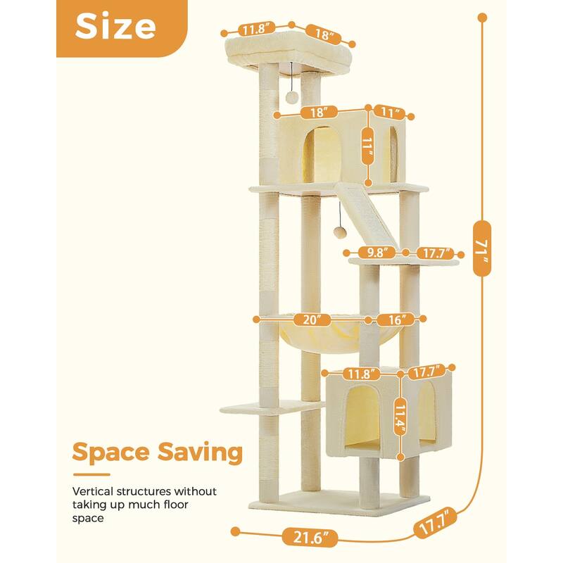 Indoor Large Cat Tree Multi-Level Cat House with 2 Big Condo Pad Bed, Hammock & Scratching Posts