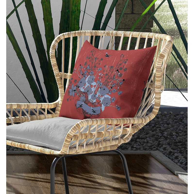 Elegant Floral Bouquet Indoor/Outdoor Reversible Throw Pillow Pink and Gray