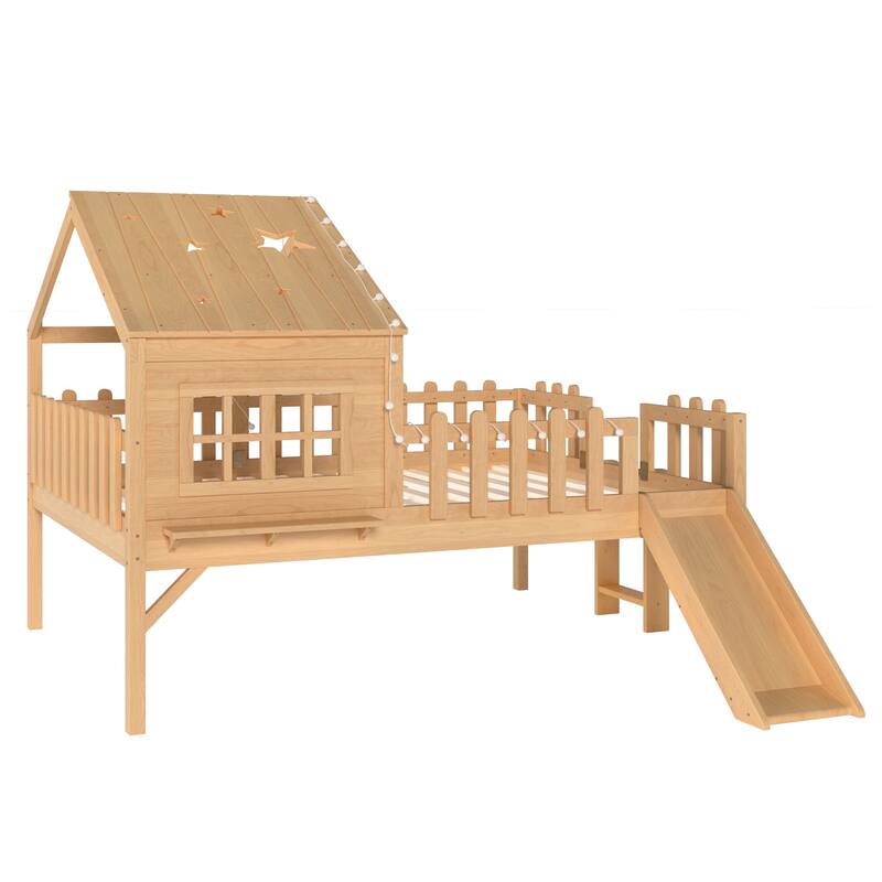 Full Size House Loft Bed with Slide,Playhouse Bed with Star Moon-shaped Designs and Window, Chic Design with LED Lights