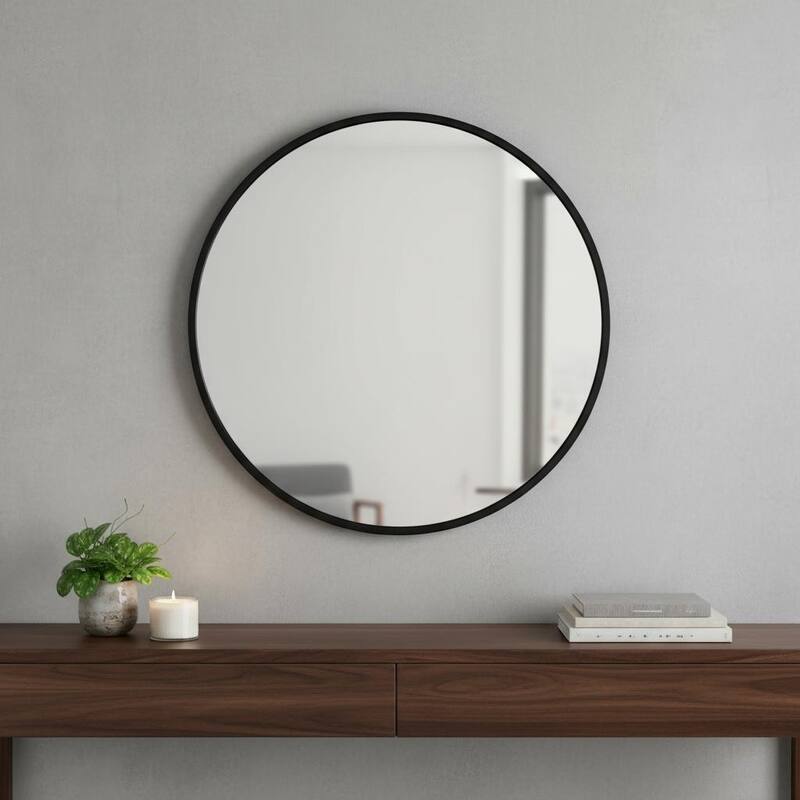 HomeRoots 27" Black Aluminum Round Framed Accent Mirror - 27.30 in. x 27.30 in. x 1.10 in. - 27.30 in. x 27.30 in.  x 1.10 in.