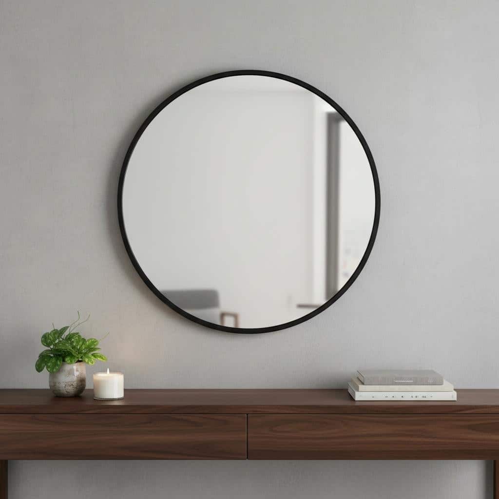 HomeRoots 27" Black Aluminum Round Framed Accent Mirror - 27.30 in. x 27.30 in. x 1.10 in.