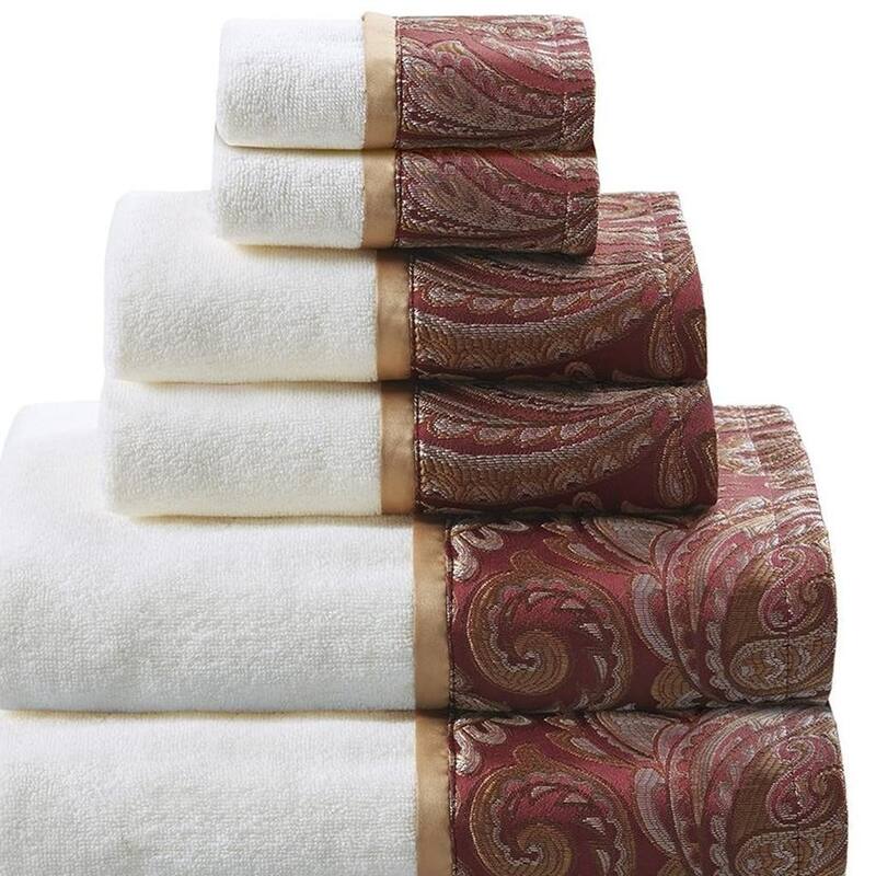 HomeRoots Set of Six White And Burgundy Cotton With Paisley Jacquard Towel Set - 52.00' X '27.00' X '0.02