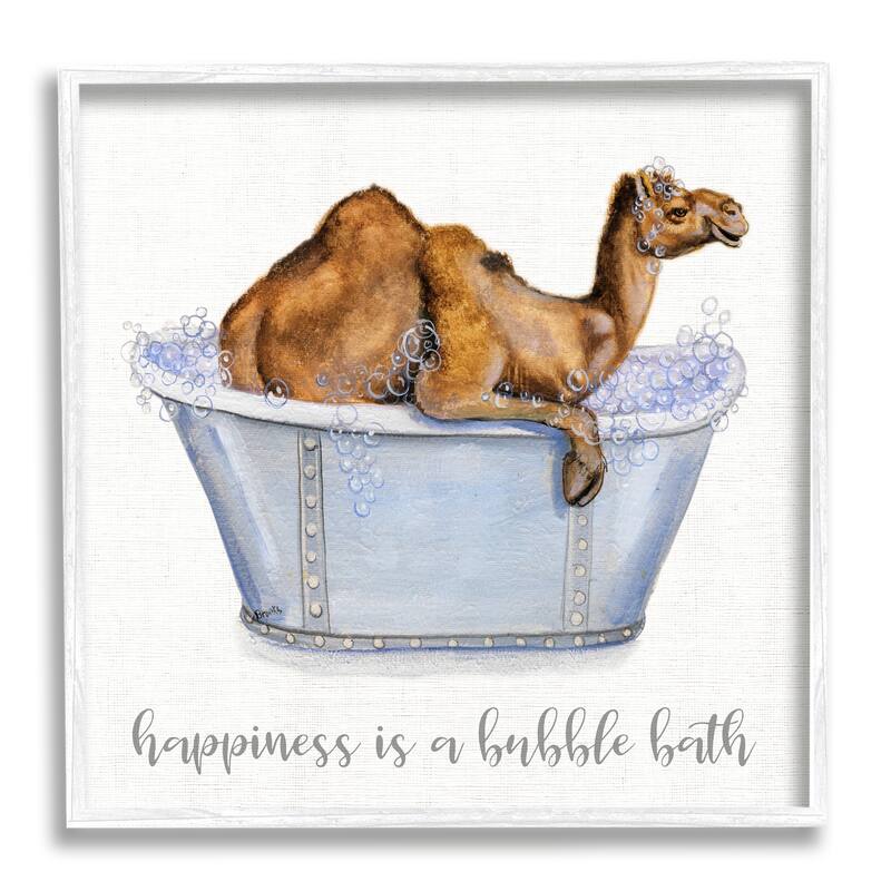 Stupell Happiness Is a Bubble Bath Desert Camel Bathroom Framed Wall Art - Orange - 12 x 12 - White