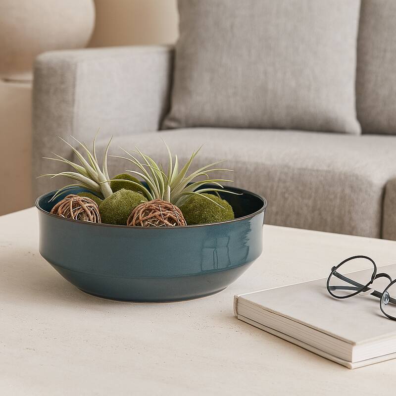 Decorative Round Terracotta Bowl with Glazed Finish - 12", Blue - 12.0"