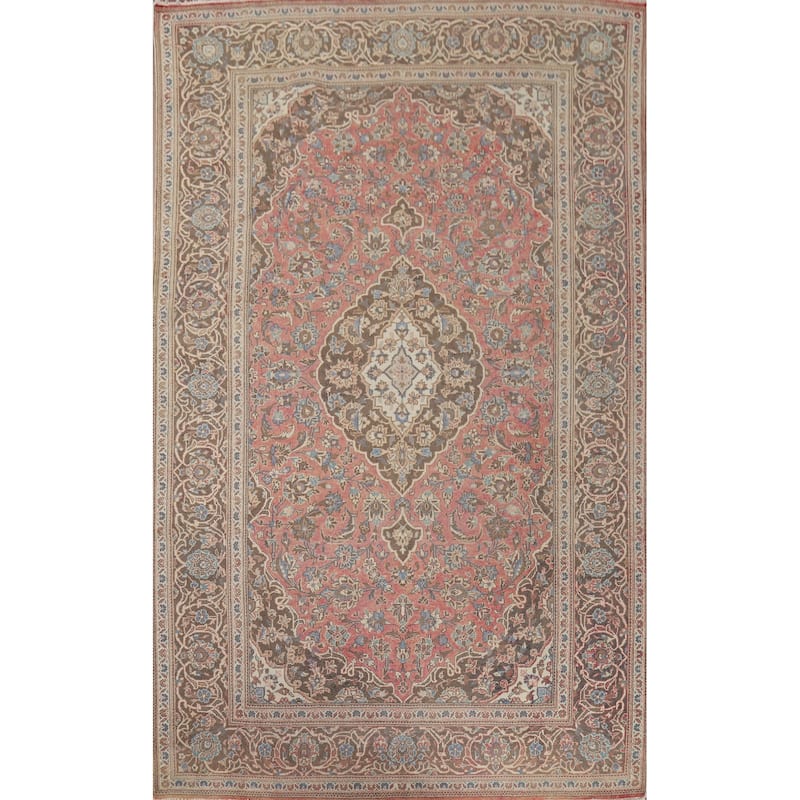 Pink Mashad Vintage Persian Area Rug Handmade Wool Carpet - 6'5" x 10'0"
