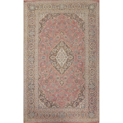 Pink Mashad Vintage Persian Area Rug Handmade Wool Carpet - 6'5" x 10'0"